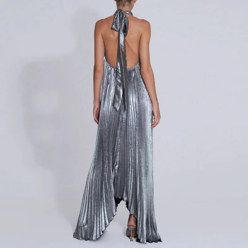 Silver Satin backless Pleated Irregular Dress