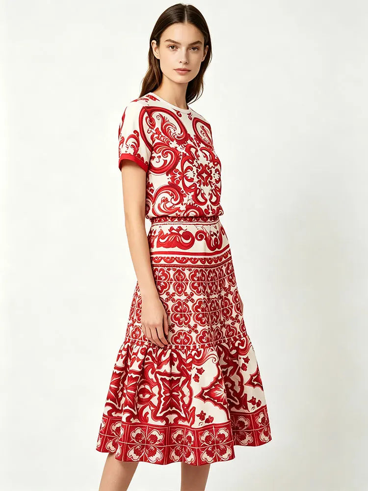 2026 Fashion Print Two-Piece Suit T-Sleeve T-Shirt round Neck Short Sleeves Big Fluffy Skirt Temperament Female Dress Code - Shellss