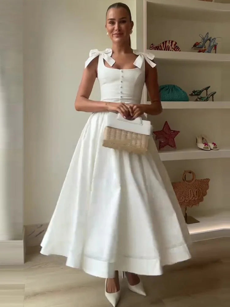 White Waist Cinching Vintage Midi Dress