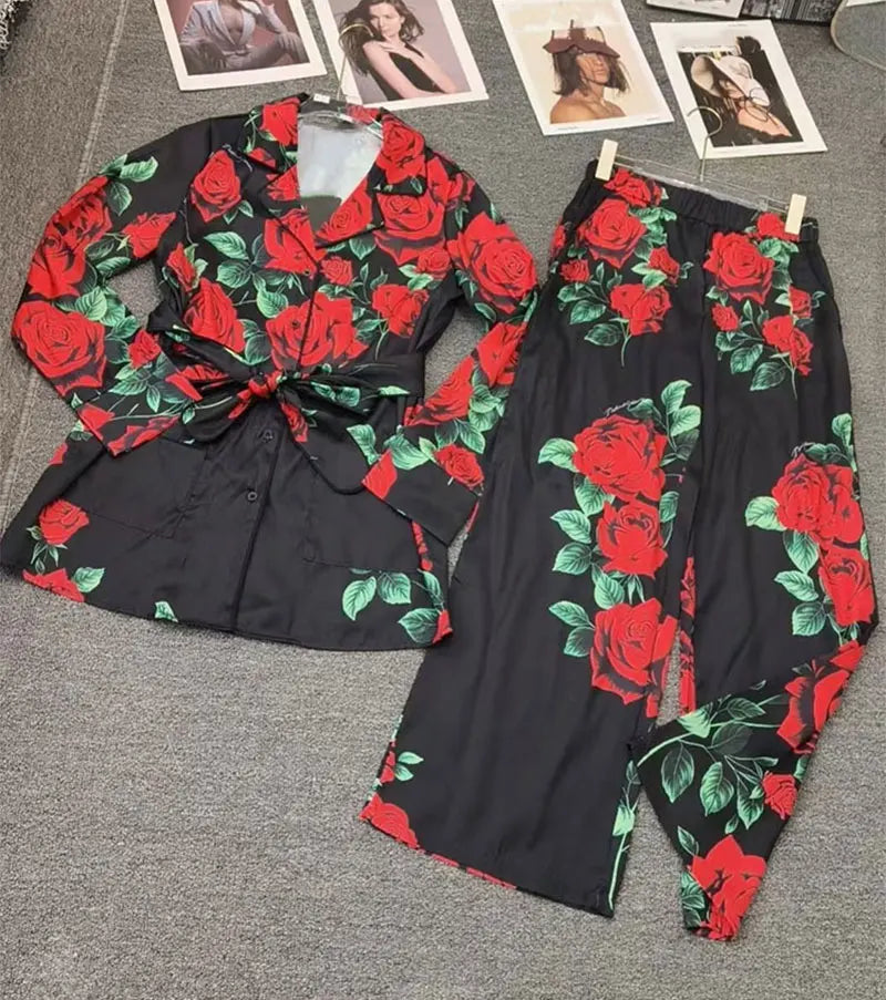 Autumn Fashion Printed Satin Two-Piece Pants Long-Sleeved Lace-Up Shirt Jacket Elastic Waist Wide-Leg Pants Home Wear Women's Su - Shellss
