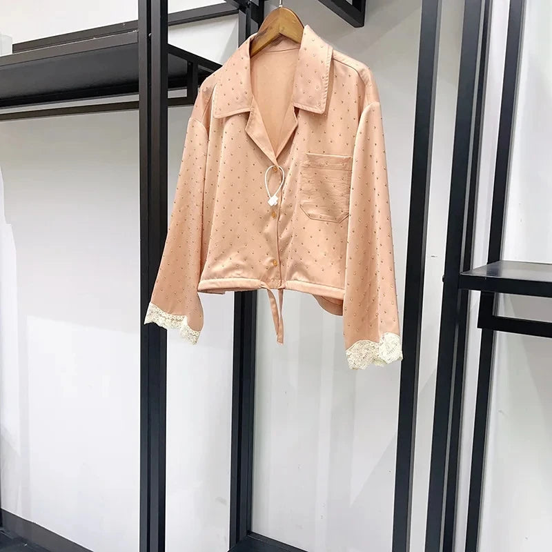 Rhinestone Decoration Women's Lace Trim Short Shirt Waist Drawstring Blouse Top or Lace-Up Waist Elastic Shorts for Summer New - Shellss