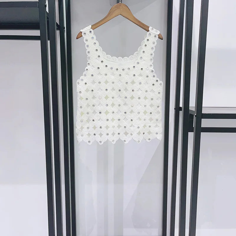 New Summer Set: Two-piece Set Including A Hollowed-out Crochet Rhinestone-embellished Knit Vest and Wide-leg Pants
