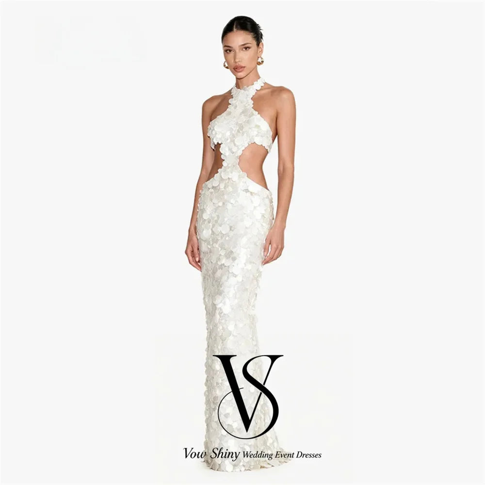 Vow Shiny Glamorous Ivory Sequin Halter Evening Gown Dress Mermaid Sleeveless Cutout Backless Wedding Party Dress Customized