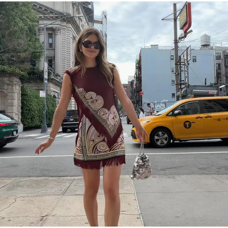 Women Retro Scarf Print Fringe Two Piece Set Sleeveless Round Neck Top Mini Skirt Boho 2026 Summer Vacation Matching Outfit - Shellss