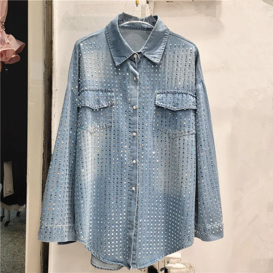 Luxury Women Sequined Diamonds Beading Denim Shirts Crystal Rhinestones Jeans Blouses Cowboy Cardigan Turn Down Collar Tops 2024