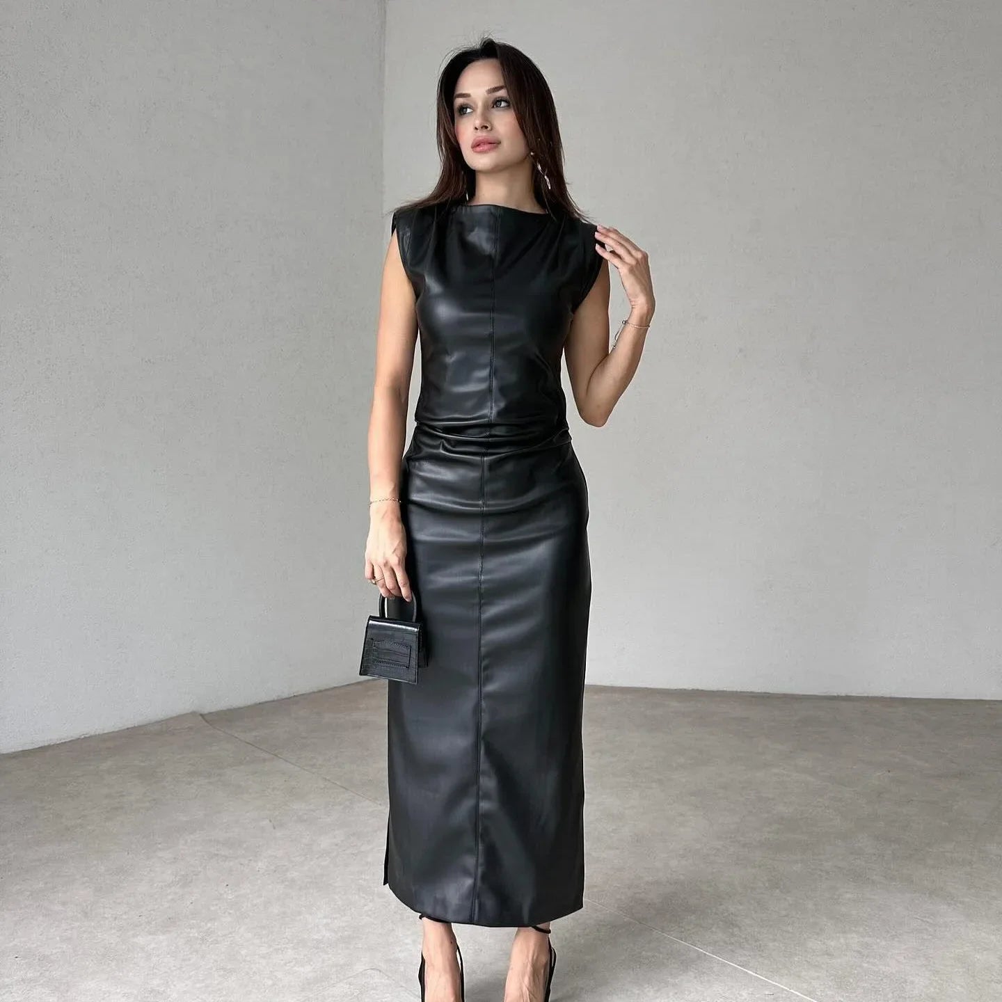 Sweet And Spicy Style Long Sleeveless round Neck PU Leather Dress Women's Fashion Summer New Arrival Mini Maxi Skirt