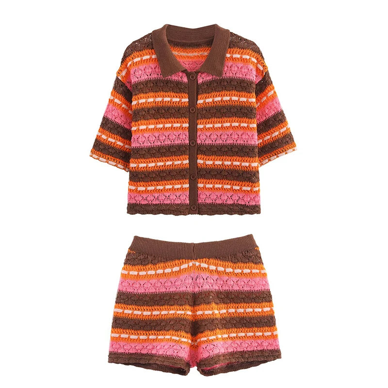 Knitting Stripe Shorts Set