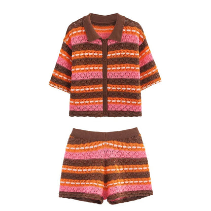 Knitting Stripe Shorts Set