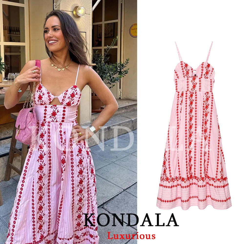 KONDALA Vintage Boho Embroidery Pink Cami Dress Women Backless Lace Up Holiday Beach Dress Fashion 2026 Summer Elegant Dress