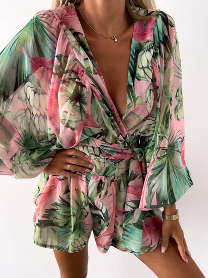 Boho Chic V-Neck Lantern Sleeve Romper