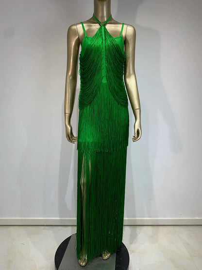 Celebrity Sexy Tassel Green Dress