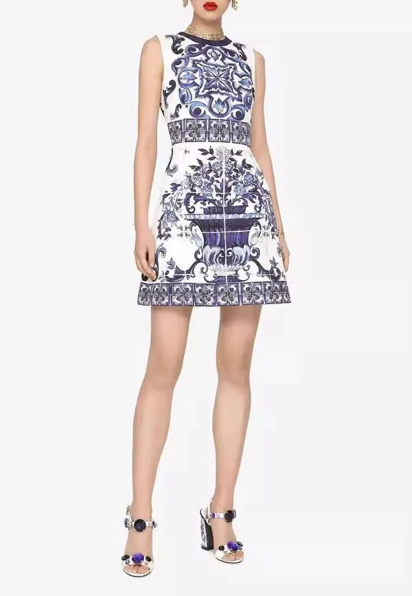 Street Style Floral Print  Dress Waist Cinched Sleeveless round Neck Vest Dress Yellow Porcelain Pattern Summer New Arrival - Shellss