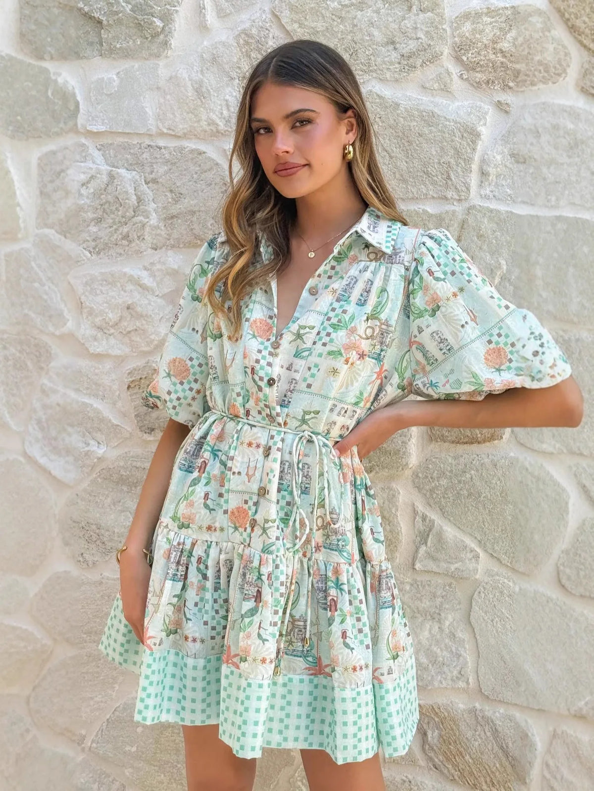 Casual Printed Lace up Dress High Waist Holiday Gown Elegant Waist Cinching Kaftan for Ladies Summer Season Button Closure - Shellss