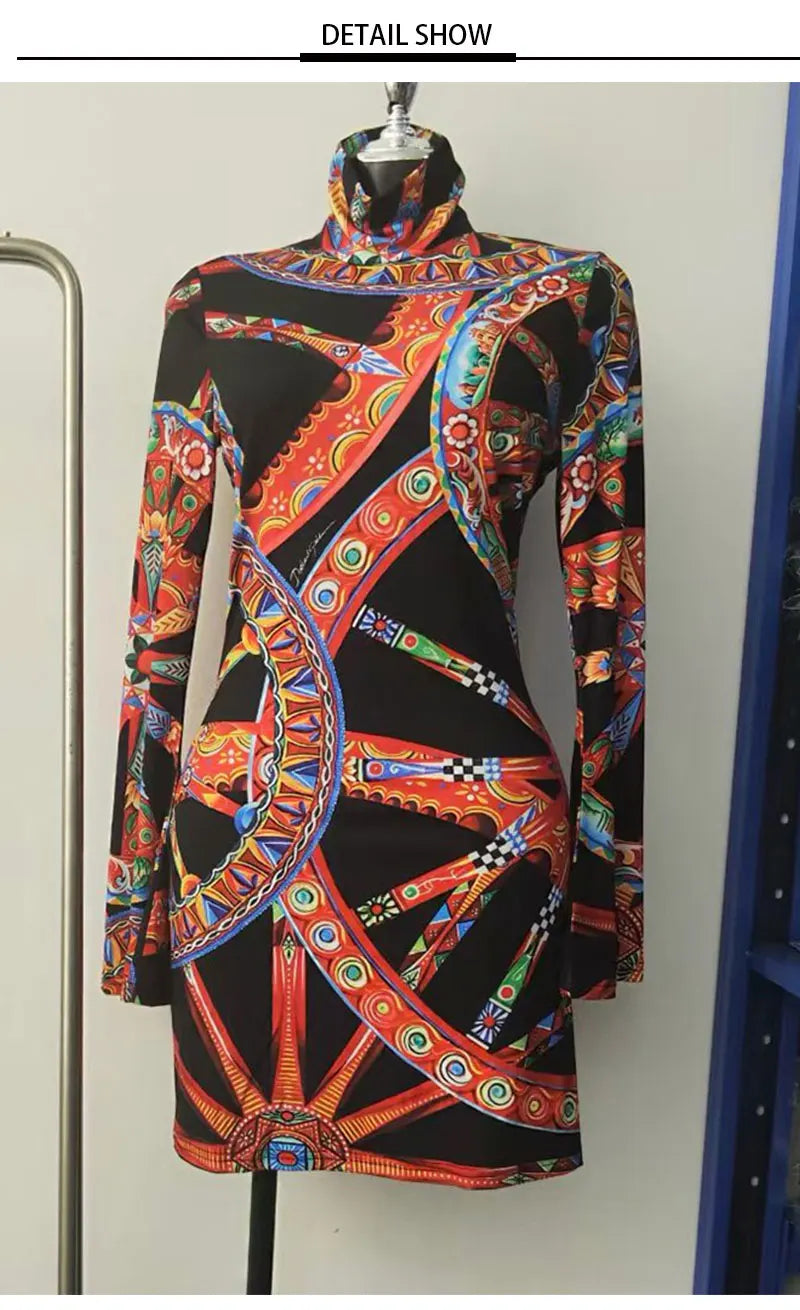 Retro Color Wheel Print High-Neck Long-Sleeve Slim Fit Mini Dress for Women Autumn Elastic Waist Holiday Banquet Temperament Dre - Shellss