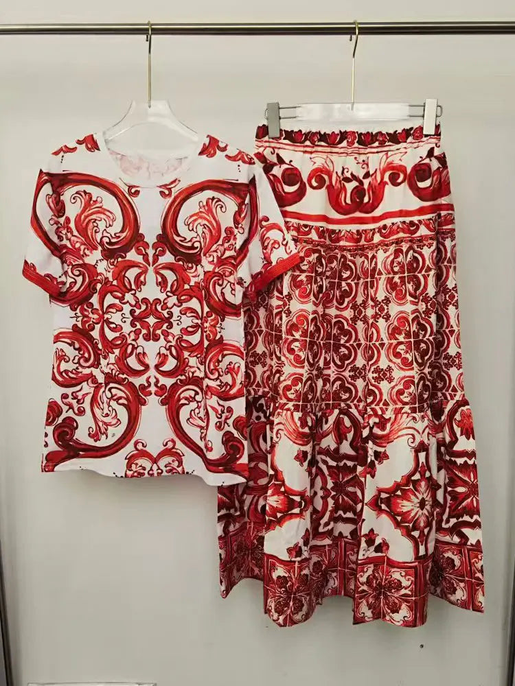 2026 Fashion Print Two-Piece Suit T-Sleeve T-Shirt round Neck Short Sleeves Big Fluffy Skirt Temperament Female Dress Code - Shellss