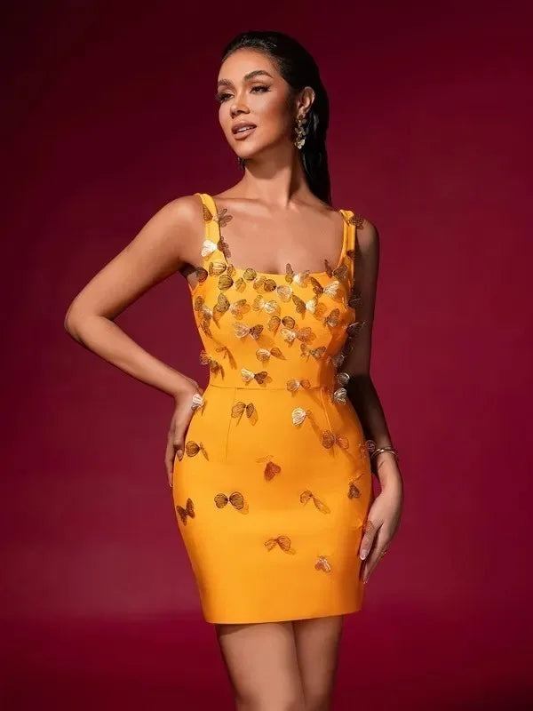 Yellow Runway Mini Knitted Bandage Dress Women 3D Butterfly Sexy High Street Elastic Vestidos Mini Dress Party Club Lady Dresses