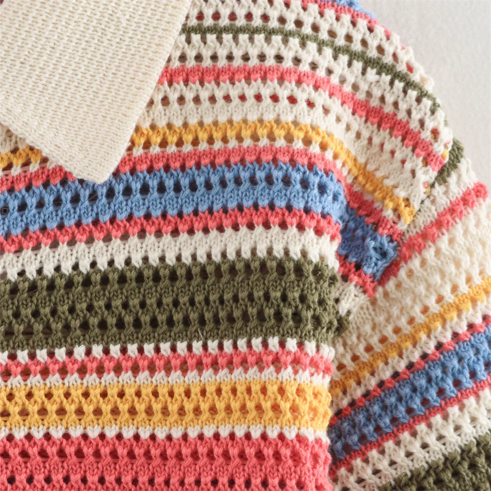 POLO collar short knitted striped shorts set
