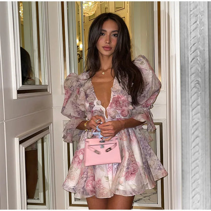 Chic Floral Puff Ruffle Dress