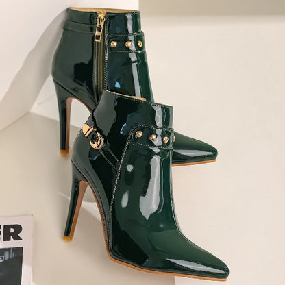 Fashion Women's Ankle Boots Patent Black Green Short Boot Point Waterproof High Heels Party Dance Shoes Female Large Size 45 50