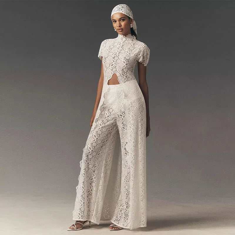 Casual Lace Long Coats Pant Set Women Solid See Through Tops Long Straight Pants Sets Female 2026 Spring Summer Lady Suits