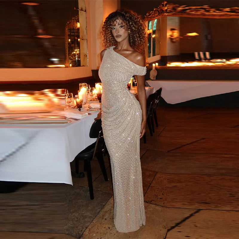 Elegant One Shoulder Sequins Party Dress Chic Sexy Backless Fold Design Slim Fit Female Long Gown 2026 NEW Party Evening Outfits