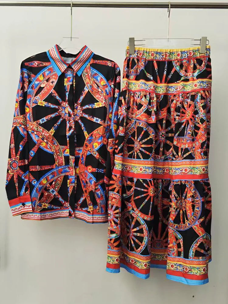 2026 Summer Women's Clothing Retro Geometric Print Sexy Suspender Lapel Shirt Two-piece Set + Shirring Loose Skirt Fashion Suit - Shellss