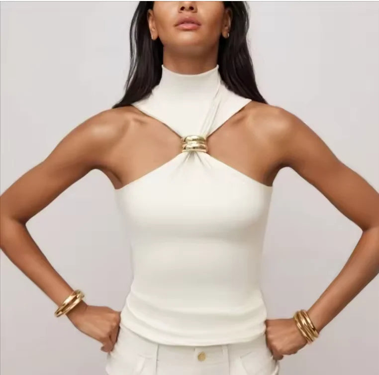Metal Ring Sleeveless Elegant Slim Fit Women's Tank Tops Solid Fashion Sexy Cropped Tops Sexy Off Shoulder Ladies Tanks Vest