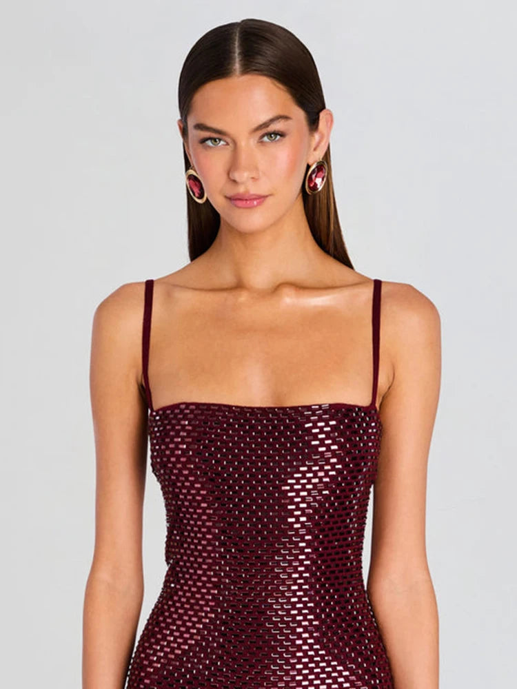 Burgundy Sequin Spaghetti Strap Midi Dress Bodycon Sparkly Evening Party Cocktail Formal Dress Women's Slim Fit Backless Gown