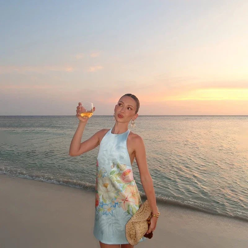 Bohemian Floral Print Halter Neck Mini Dress Women Sexy Sleeveless Backless Short Skirt Lady Summer Party Vacation Beachwear
