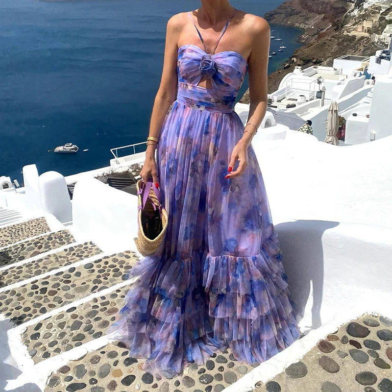 Long chiffon ruffle dress