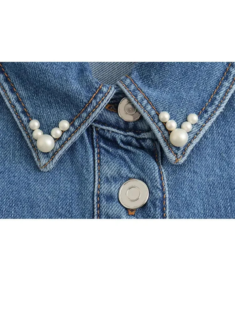 HH Autumn Women's Denim Casual Shirt Fashion Faux Pearl Loose Blouses Button Down Long Sleeve Jean Jacket Versatile Top