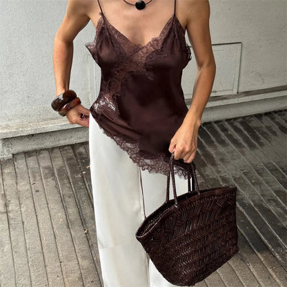 Lace Trim Satin Camisole V Neck