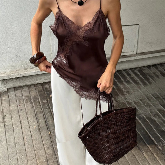 Lace Trim Satin Camisole V Neck