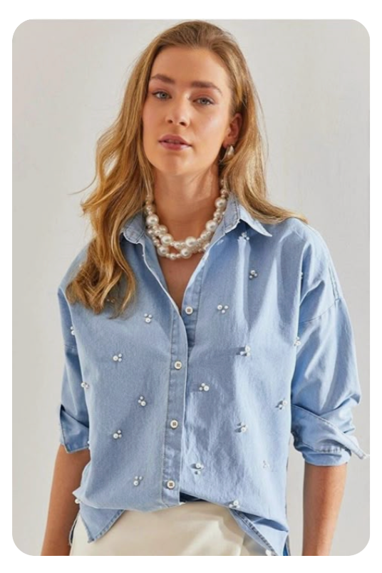 Denim Rhinestones Mid-length Shirt