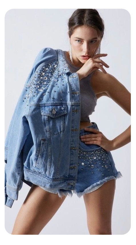 Exquisite Rhinestone Short Sleeve Denim Shirt