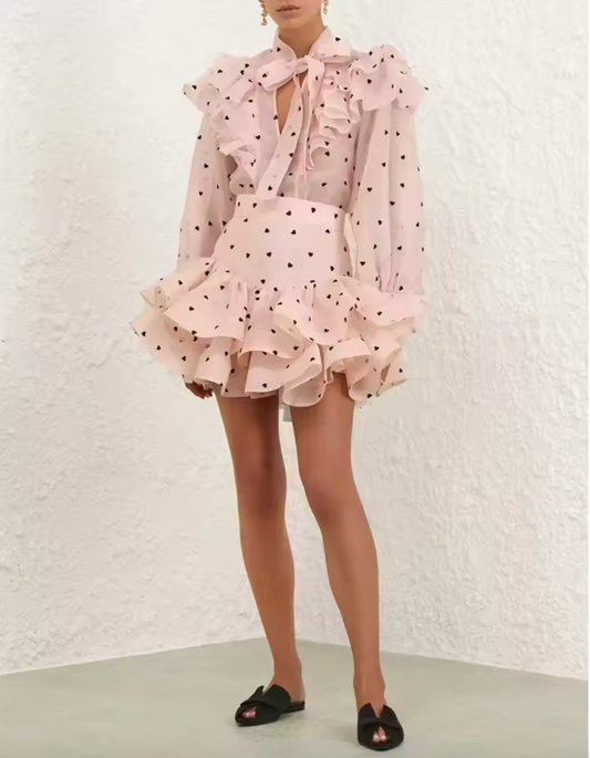 Peach Polka Dot Print Pink French Style