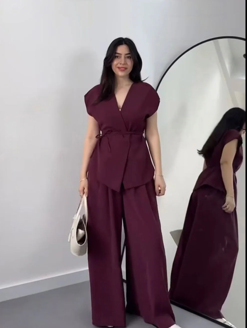 V-Neck Wrap Belted Pants Sets