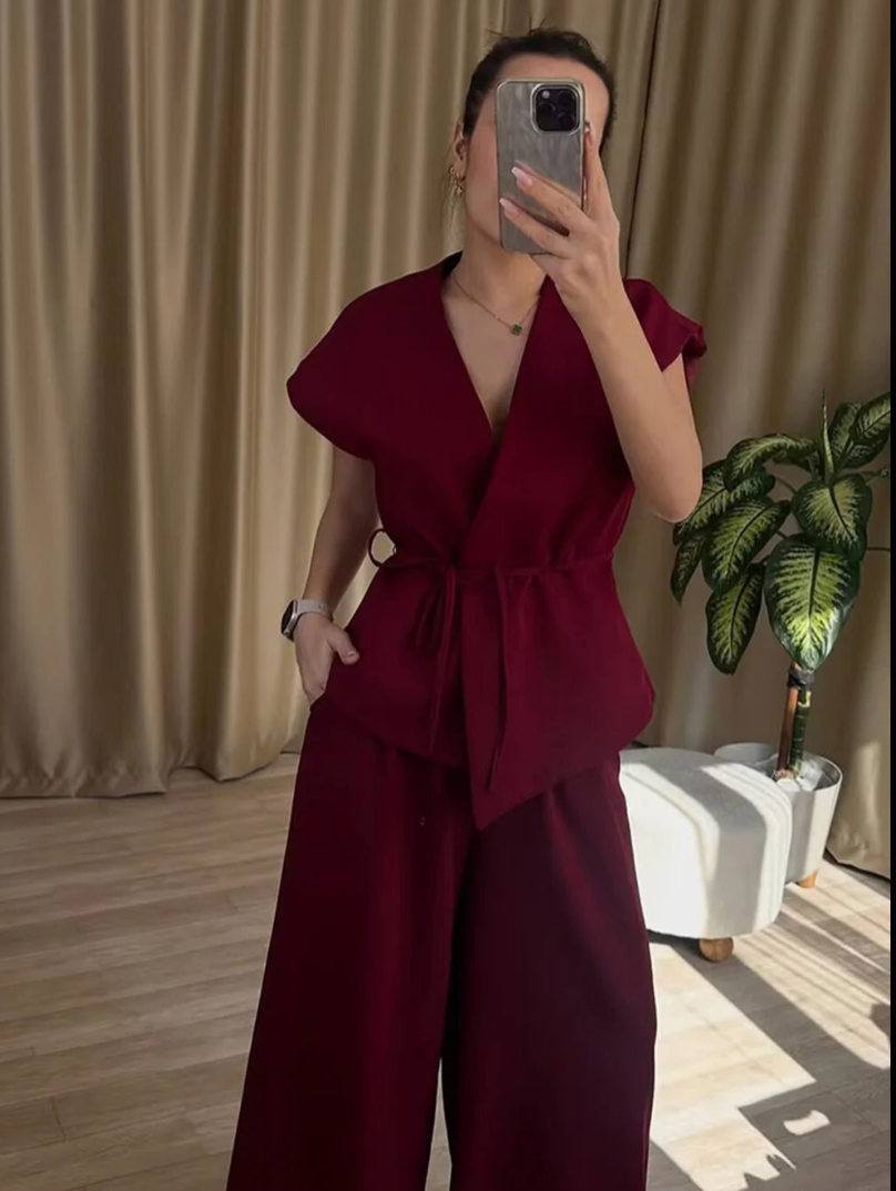 V-Neck Wrap Belted Pants Sets