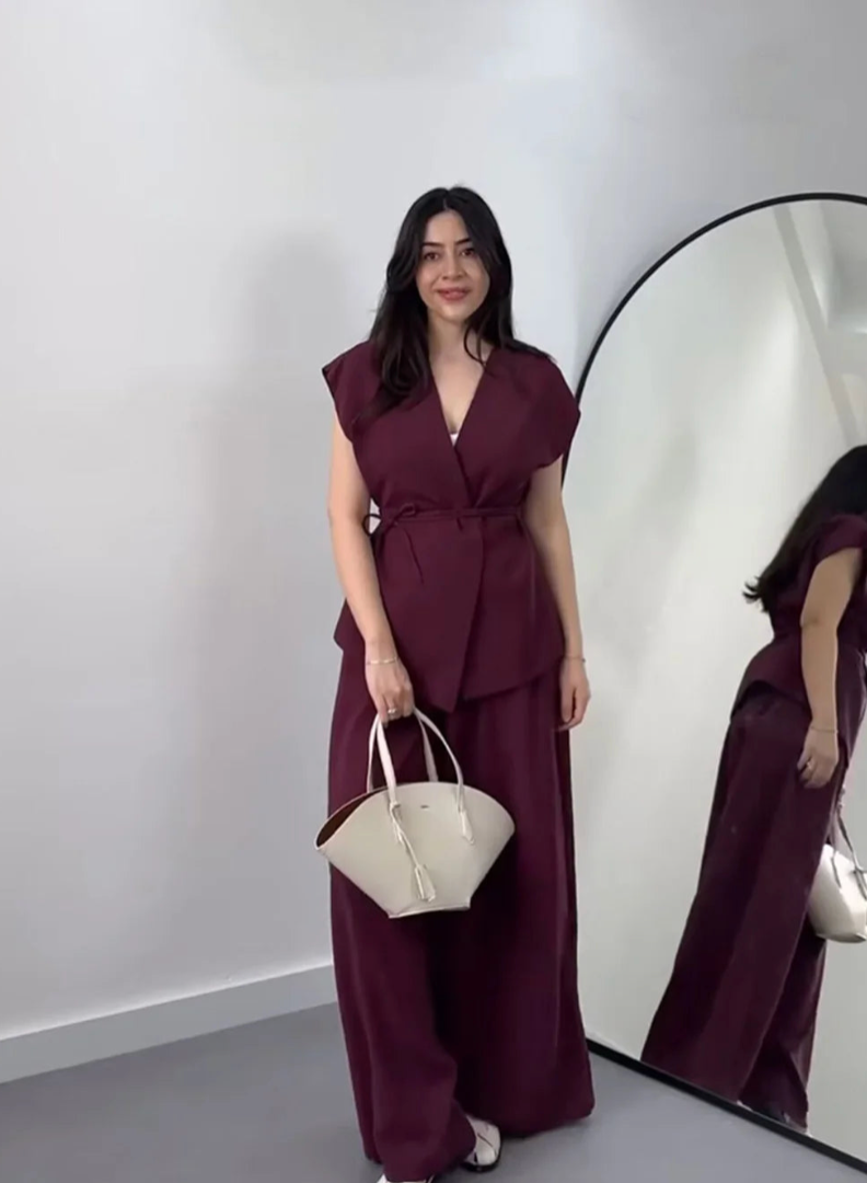 V-Neck Wrap Belted Pants Sets