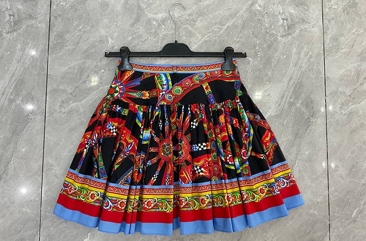 Seifrmann Casual printed cotton two-piece square neck sleeveless top high waist skirt suit 2026 autumn women's new style - Shellss