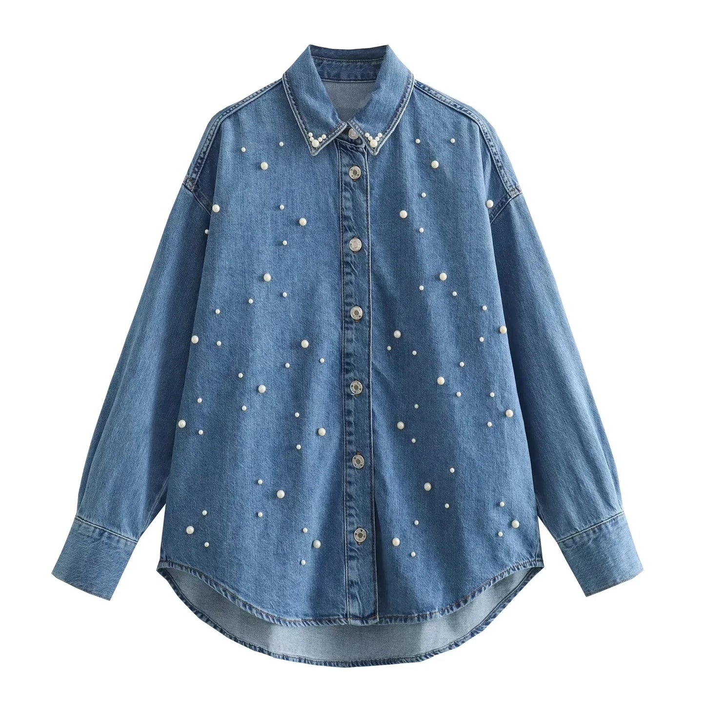 HH Autumn Women's Denim Casual Shirt Fashion Faux Pearl Loose Blouses Button Down Long Sleeve Jean Jacket Versatile Top