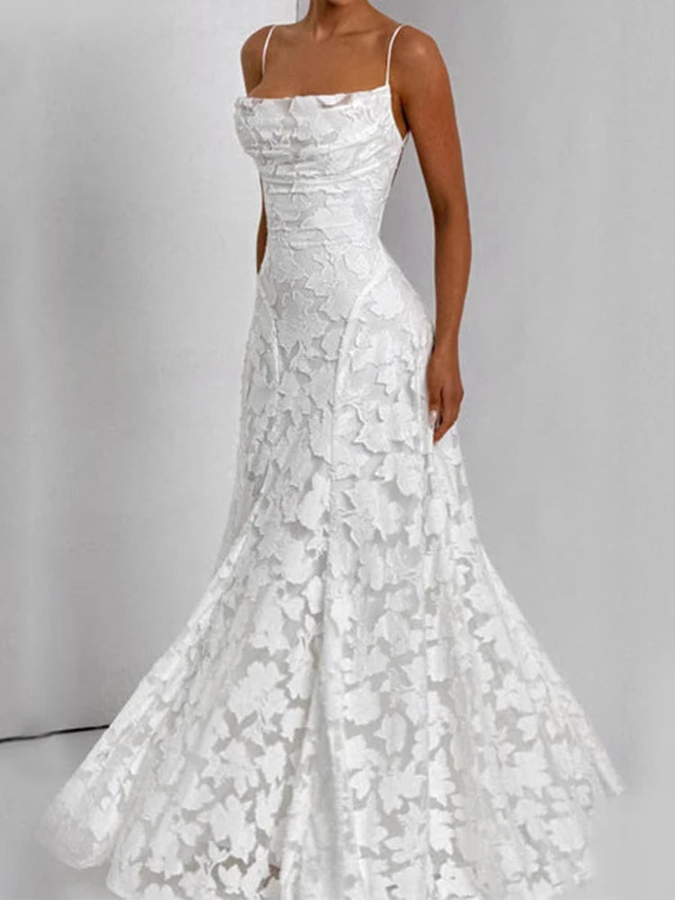 Women Fashion Jacquard Lace Solid Party Dress Elegant Backless Slim Sling Dress Sexy Off Shoulder Sleeveless Beach Long Dress - Shellss