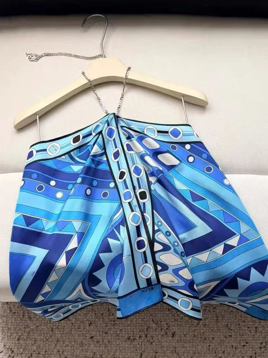 VGH Daily Street Style Blue Print Halter Satin Tank Tops for Women Sleeveless Asymmetrical Hem Design Vest for Beach Vacation
