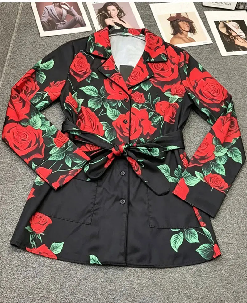 Autumn Fashion Printed Satin Two-Piece Pants Long-Sleeved Lace-Up Shirt Jacket Elastic Waist Wide-Leg Pants Home Wear Women's Su - Shellss