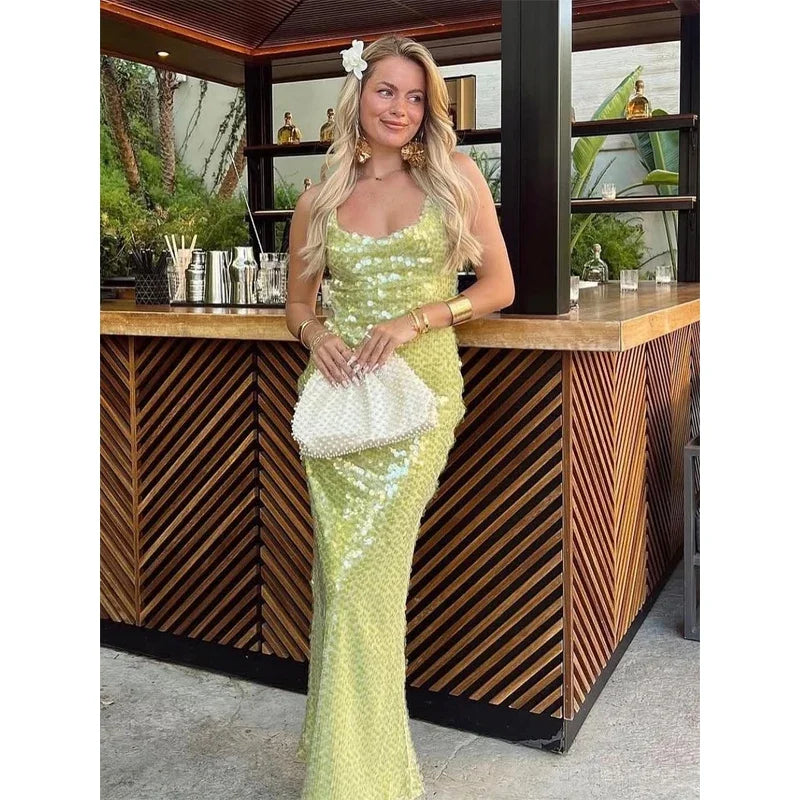 Sequin Deep V-neck Long Dress Women Chic Sleeveless Spaghetti Strap Backless Mermaid Robes Lady Sexy Evening New Party Dresses