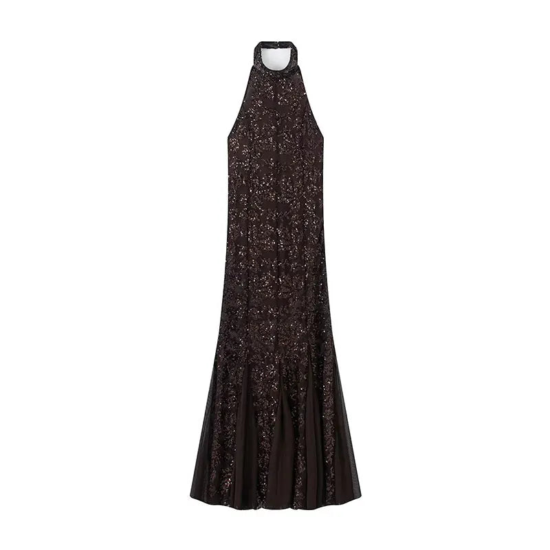 Nlzgmsj 2026 Spring Sexy sequin decoration Long Dresses for Women Backless Hanging neck collar Dress Elegant Evening Party Dress