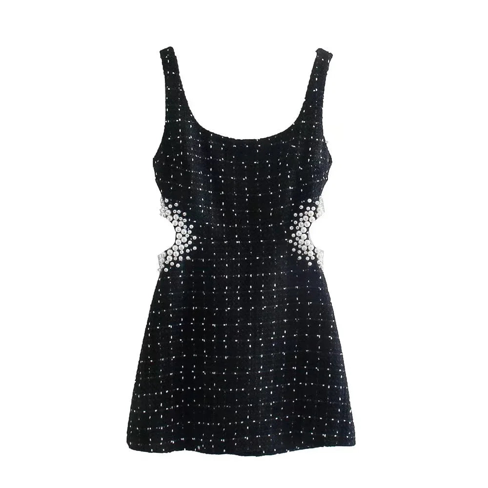 Willshela Women Fashion With Pearls Black Hollow Out Back Zipper Mini Dress Vintage Straps Square Neck Female Chic Lady Dresses