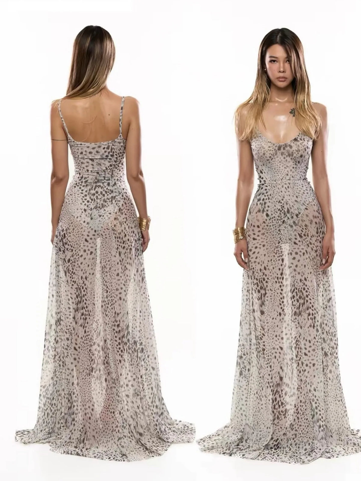 Women Summer Leopard Print Cami Maxi Dress High Waist Casual Beach Vacation Dress