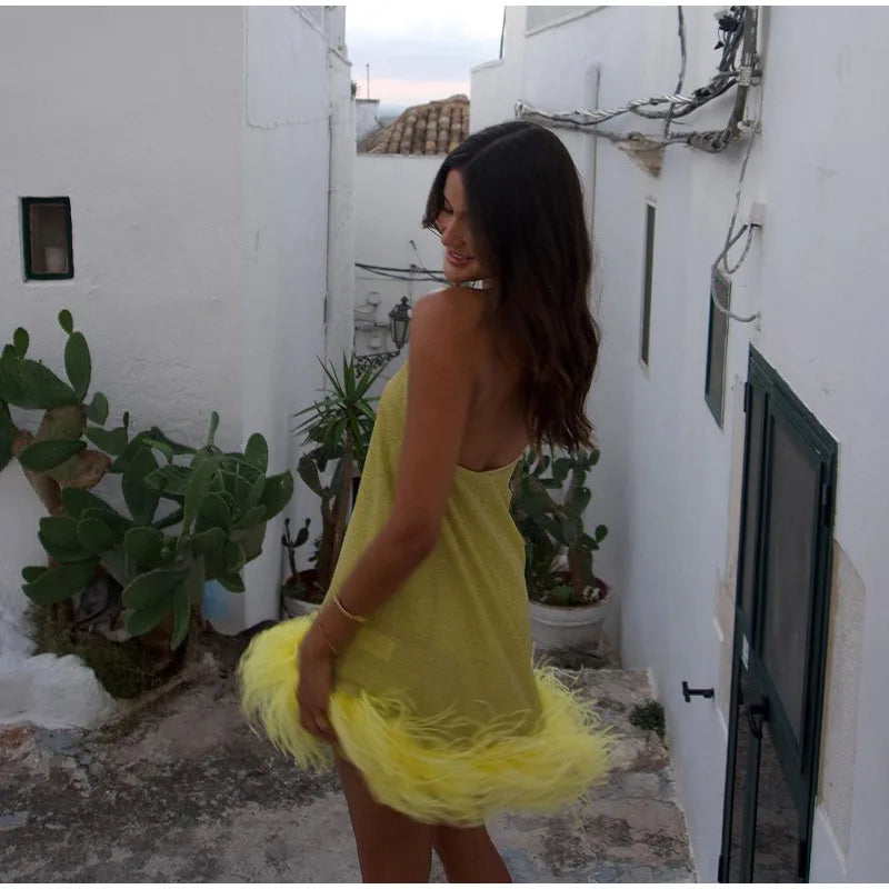 Yellow Sparkly Feathers Mini - Shellss