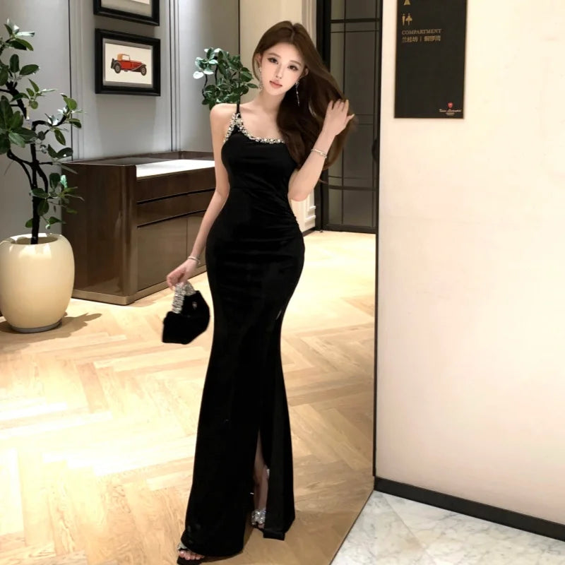 Summer French Elegant Fashion Evening Gown Women's Backless One-shoulder Bodycon Velvet Dress High-end Diamond Slim Gown Summer
